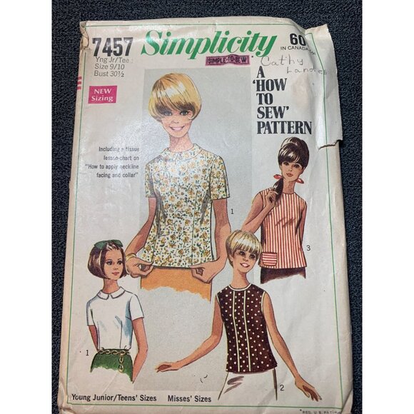 Simplicity 7457 Vintage Sewing Pattern Young Junior Teens Shirt Size 9/10 1960s - Picture 1 of 2